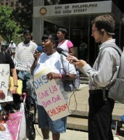 Carolyn Hill speaks at a June 15, 2012 protest at the Philadelphia Department of Human Services.